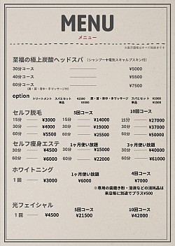 ヘッドスパ・セルフ脱毛の通常料金